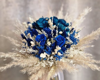 Trockenstrauß Strauß Brautstrauß ewige Rosen marinen blau  Bohostrauß Pampasgras Trockenblumenstrauß  Boho Trockenblumen Standesamt Hochzeit