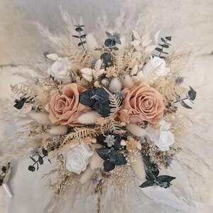 Trockenstrauß Strauß Brautstrauß ewige Rose in Nude, Creme Bohostrauß Pampasgras Trockenblumenstrauß Boho Trockenblumen Standesamt Hochzeit Bild 10