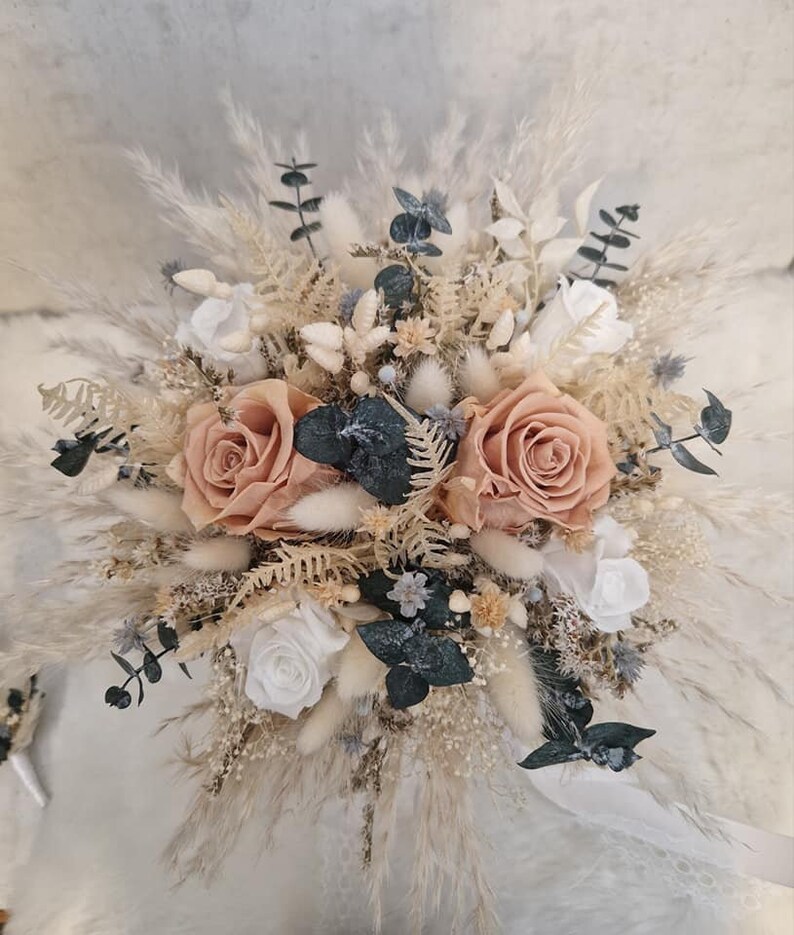 Trockenstrauß Strauß Brautstrauß ewige Rose in Nude, Creme Bohostrauß Pampasgras Trockenblumenstrauß Boho Trockenblumen Standesamt Hochzeit Bild 10