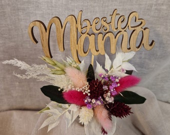 Beste Mama Tortendekoration Tortendeko Tortentopper Muttertag Tortenaufleger mini Trockenblumenstrauß Boho Cake Topper Rosa