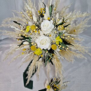 Brautstrauß ''Soomer Love'' Gelb Weis Olive ewige Rosen Bohostrauß Pampasgras Trockenblumenstrauß Boho Strauß Trockenblumen Strand Hochzeit Bild 5