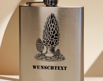 Hip flask 200 ml for on the go personalized with engraving made of brushed stainless steel, gift motif morels mushrooms mushroom collector hobby