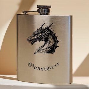 Flachmann 200 ml für unterwegs personalisiert mit Gravur aus Edelstahl gebürstet, Geschenk Motiv Drache Dragon Fantasy Bild 1