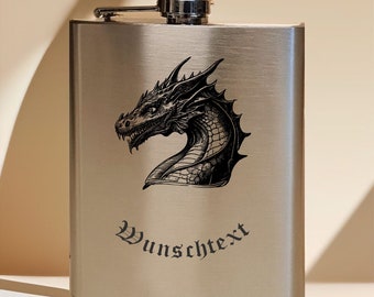 Hip flask 200 ml for on the go personalized with engraving made of brushed stainless steel, gift motif dragon dragon fantasy