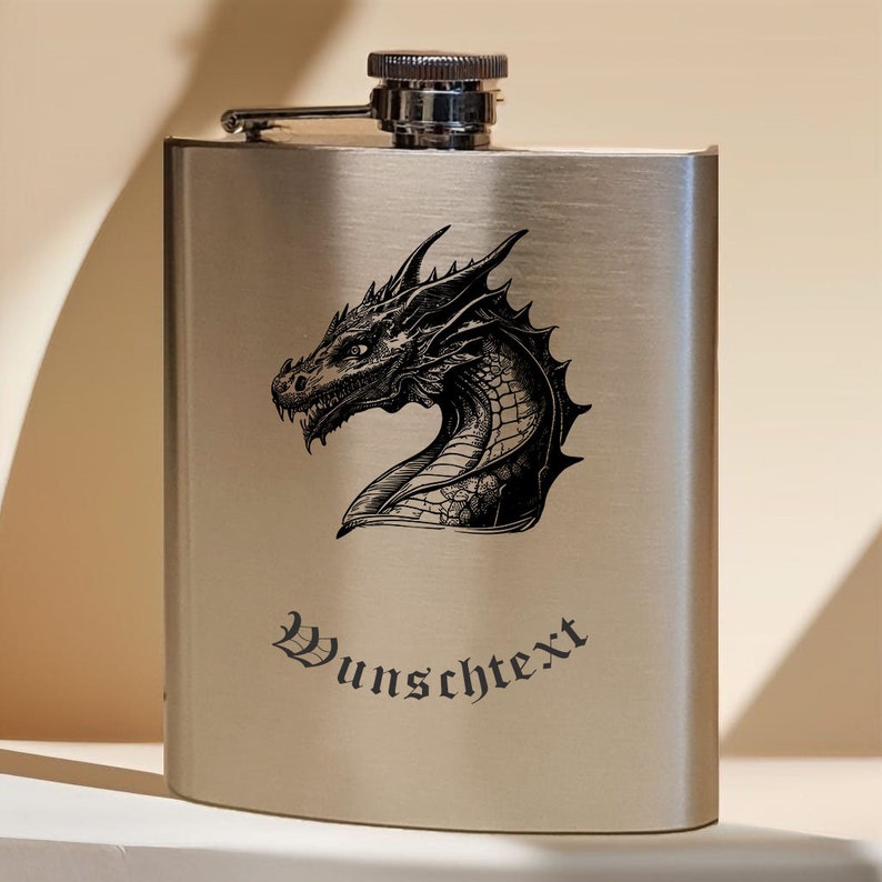 Flachmann 200 ml für unterwegs personalisiert mit Gravur aus Edelstahl gebürstet, Geschenk Motiv Drache Dragon Fantasy Bild 1