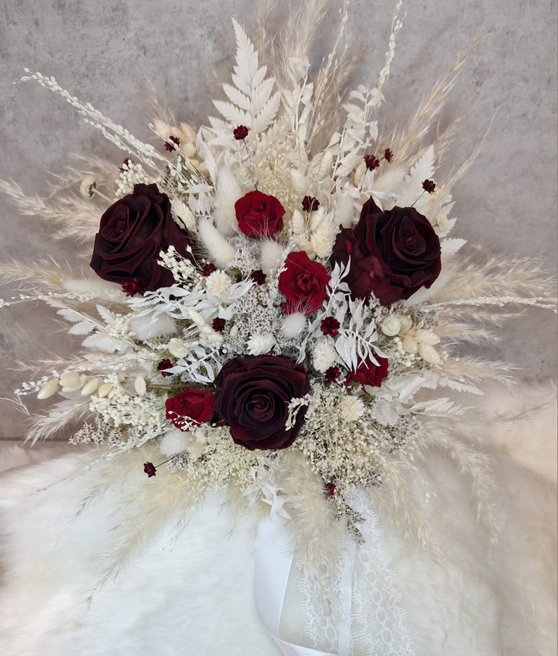 Strauß Brautstrauß Infinity Rosen Bordeaux Bohostrauß Pampasgras Trockenblumenstrauß Boho Trockenblumen Standesamt Hochzeit Bild 2