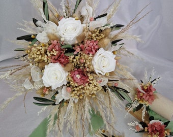 Brautstrauß''Lady'' Rosa Olive ewige Rosen Schleierkraut Bohostrauß Pampasgras Trockenblumenstrauß Boho Strauß Trockenblumen Strand Hochzeit