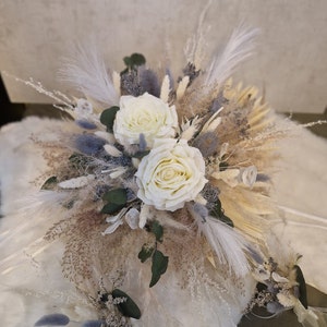 Autoschmuck mit 2 Mini Deko fürs Spiegel, Iceblau mit Rosen Grau Blau Creme Pampasgras Boho Trockenblumen Hochzeit Bild 2