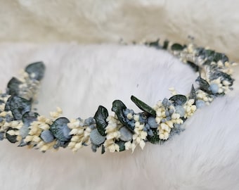 Bandeau cheveux accessoires fleur bijoux bleu glace eucalyptus casque fleurs séchées boho séance photo de mariage