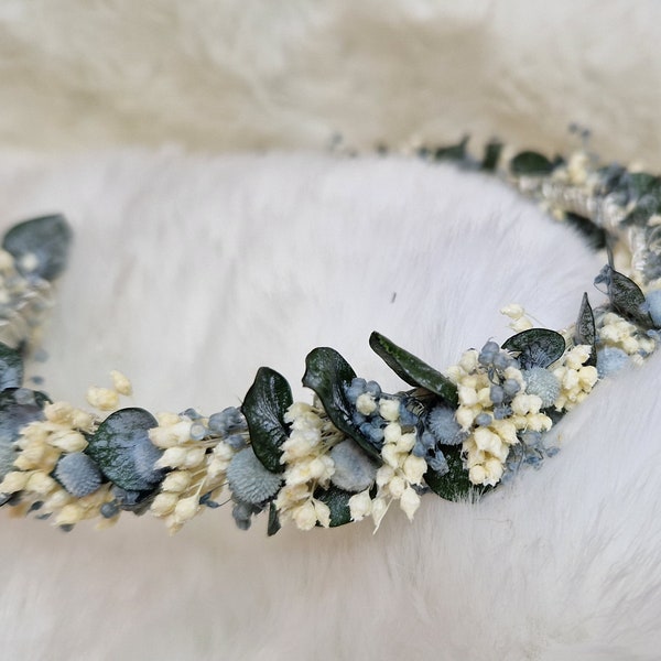 Haarreif Haarschmuck Blumenschmuck Ice Blau  Eukalyptus Kopfschmuck Trockenblumen  Boho Hochzeit Fotoshooting