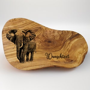 Elefant Geschenk personalisiert Text ,Name Olivenholz Frühstücksbrett Schneidebrett mit Gravur Holz Geburtstagsgeschenk Olivenholzbrett Bild 1