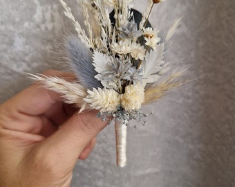 Anstecksträußchen für Bräutigam Blume Ice Blau  Anstecker Boho Hochzeit Ansteckblume Trockenblumen Reversschmuck Boutonniere