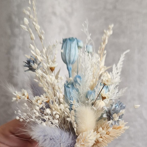 Marié boutonnière boutonnière boutonnière Boho mariage boutonnière bleu glace, bleu fleur séchée revers