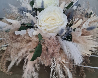 Autoschmuck mit 2 Mini Deko fürs Spiegel, Iceblau mit Rosen  Grau Blau Creme Pampasgras Boho Trockenblumen Hochzeit