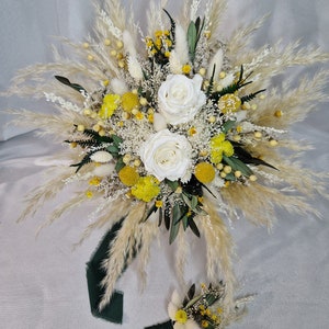 Brautstrauß ''Soomer Love'' Gelb Weis Olive ewige Rosen Bohostrauß Pampasgras Trockenblumenstrauß Boho Strauß Trockenblumen Strand Hochzeit Bild 3