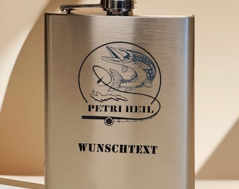 Flachmann 200 ml für unterwegs personalisiert mit Gravur aus Edelstahl gebürstet, Geschenk Motiv Petriheil Angler Fish Hobby Beruf