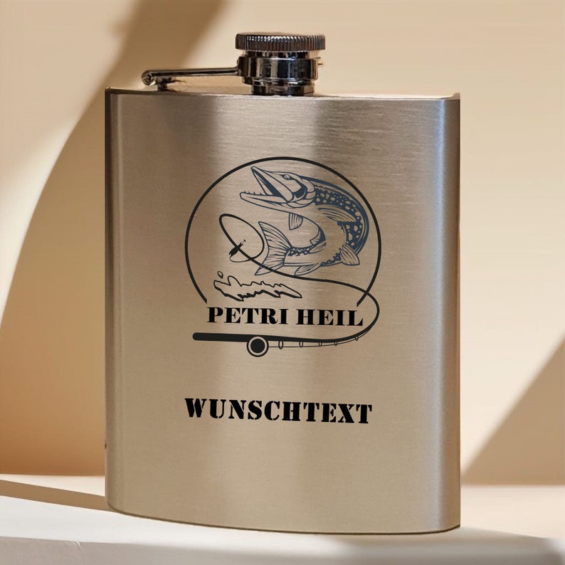 Flachmann 200 ml für unterwegs personalisiert mit Gravur aus Edelstahl gebürstet, Geschenk Motiv Petriheil Angler Fish Hobby Beruf Bild 1