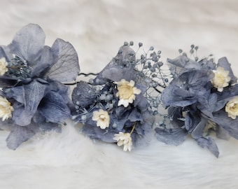 Set of 3 x delicate hair accessories hairpin preserved gypsophila, hydrangeas ice blue, blue gray dried flowers boho wedding bridal jewelry