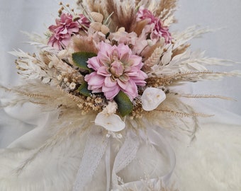 Brautstrauß Weiß Beige Rosa Altrosa Dahlien Bohostrauß Pampasgras Trockenblumenstrauß Boho Strauß Trockenblumen Sommer Hochzeit