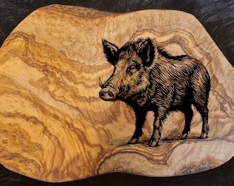 Personalized gift: Olive wood breakfast board with engraving, cutting board, birthday, wild boar gifts, olive wood board, hunter's board