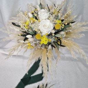 Brautstrauß ''Soomer Love'' Gelb Weis Olive ewige Rosen Bohostrauß Pampasgras Trockenblumenstrauß Boho Strauß Trockenblumen Strand Hochzeit Bild 2