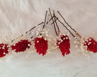 Haarnadel Set Haarschmuck Blumen  Blumenschmuck   Rot Kopfschmuck Trockenblumen Boho Hochzeit Fotoshooting