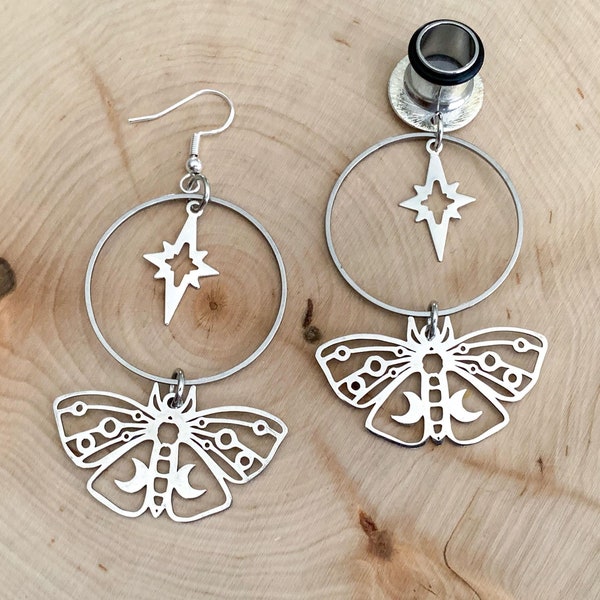 4g-1' (25mm) Stainless Steel Hoop w/Star & Moon Moth Lightweight Drop Dangle Earrings Gauges/Earplugs Hider Plugs