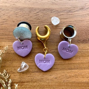 6g 4mm 1 3/16 30mm Purple Mother's Day 'Mom' Hearts Saddles Hiders Drop Dangle Earrings Gauges/Earplugs Plugs image 1