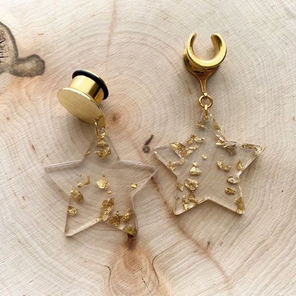 2g (6mm) - 1' (25mm) Gold Acrylic Flake Star Saddles Hiders Drop Dangle Earrings Gauges/Earplugs Plugs