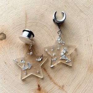 2g (6mm) - 1' (25mm) Silver Acrylic Flake Star Saddles Hiders Drop Dangle Earrings Gauges/Earplugs Plugs