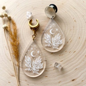 6g (4mm) - 1 3/16 (30mm) Gold or Silver Clear Acrylic Moon and Leaves Saddles Hiders Drop Dangle Earrings Gauges/Earplugs Plugs