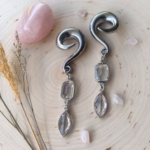 6g 2g 0g 00g Silver Tone Plated Glass Ear Hooks Lightweight Drop Dangle Earrings Gauges/Earplugs Plugs