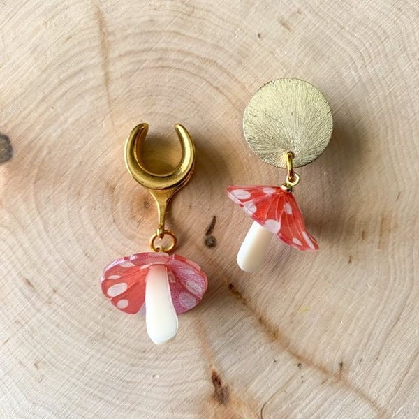 8g (3mm) - 1 3/16 (30mm) Small Mushroom Saddles Hiders Drop Dangle Earrings Gauges/Earplugs Plugs
