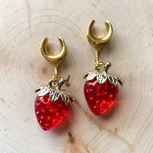 2g (6mm) - 1 3/16 (30mm) Gold and Red Strawberry Saddles Drop Dangle Earrings Gauges/Earplugs Plugs