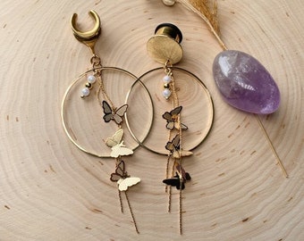 8g - 1 3/16 (30mm)  18k Gold Hoop w/Butterflies Lightweight Hoop Drop Dangle Earrings Gauges/Earplugs Hider Plugs