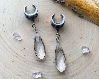 2g (6mm) - 1 3/16 (30mm) Silver Tone Large Crystal Glass Tear Saddles Drop Dangle Earrings Gauges/Earplugs Plugs