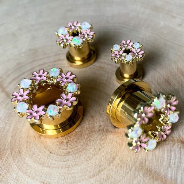 2g - 5/8' (16mm) Pink Daisy and Opalite Screw Fit Tunnels Plugs Gauges