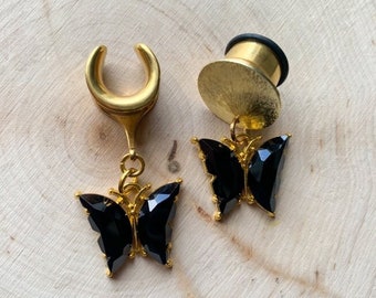 6g (4mm) - 1 3/16 (30mm) 'Gilded Midnight Butterflies' Gold and Black Butterfly Saddles Drop Dangle Earrings Gauges/Earplugs Plugs