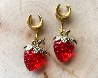 2g (6mm) - 1 3/16 (30mm) Gold and Red Strawberry Saddles Drop Dangle Earrings Gauges/Earplugs Plugs