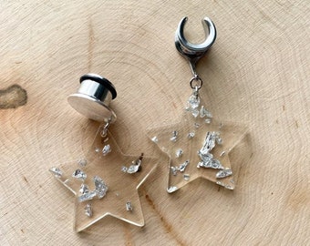 2g (6mm) - 1' (25mm) Silver Acrylic Flake Star Saddles Hiders Drop Dangle Earrings Gauges/Earplugs Plugs