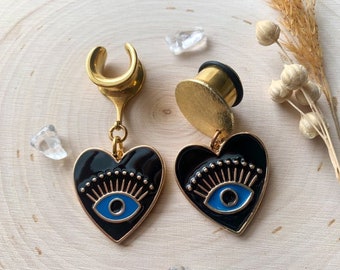 8g - 1 3/16 (30mm)  Black Shiny Heart w/Blue Evil Eye Lightweight Drop Dangle Earrings Gauges/Earplugs Hider Plugs Earrings