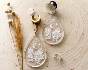 6g (4mm) - 1 3/16 (30mm) Gold or Silver Clear Acrylic Moon and Leaves Saddles Hiders Drop Dangle Earrings Gauges/Earplugs Plugs