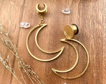 8g (3mm) - 1 3/16 (30mm) Large Brushed Gold Moon Hoop Lightweight Drop Dangle Earrings Gauges/Earplugs Hider Plugs