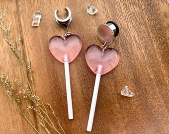 6g (4mm) - 1 3/16 (30mm) Silver & Pink Heart Lollipop Lightweight Drop Dangle Earrings Gauges/Earplugs Hider Plugs