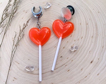 Pendientes colgantes ligeros con forma de piruleta de corazón rojo y plata de 6 g (4 mm) - 1 3/16 (30 mm) Extensor/Tapones para los oídos