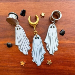 6g (4mm) - 1 3/16 (30mm) Gold or Silver White Ghost Drop Dangle Earrings Gauges/Earplugs Plugs