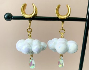 2g (6mm) - 1 3/16 (30mm) White & Gold Iridescent Raincloud Saddles Drop Dangle Earrings Gauges/Earplugs Plugs