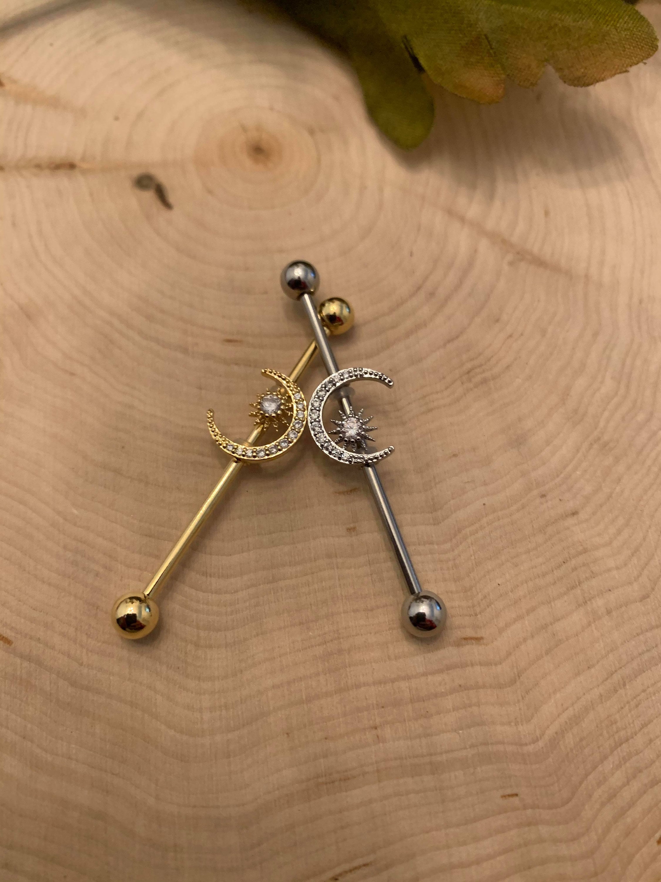 Moon and Star Industrial Barbell in Silver or Gold 14g Surgical