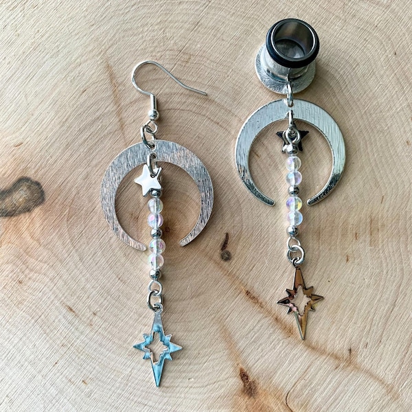 4g-1' (25mm) Brushed Silver Half Moon w/Aura Beads and Stars Lightweight Drop Dangle Earrings Gauges/Earplugs Hider Plugs