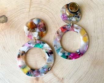 0g-5/8" (16mm) Multicolor Acetate Hoop Drop Dangle Earrings Gauges/Earplugs Hider Plugs